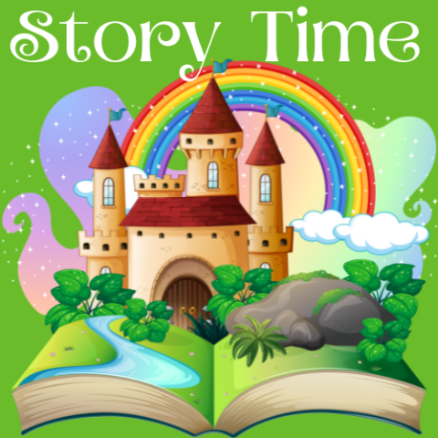 Image of a book with a rainbow, a castle and the words story time above it