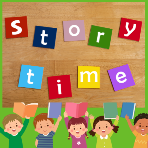 Children holding books and text in blocks that read story time 