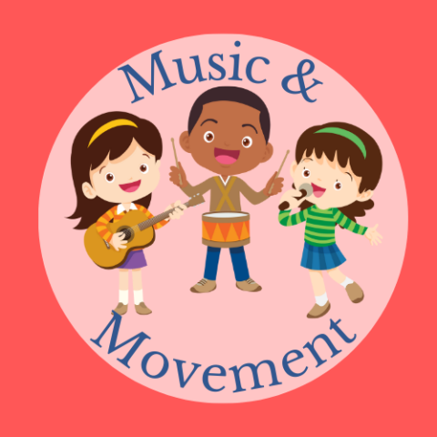 Drawing of three children with instruments, text that reads, music and movement