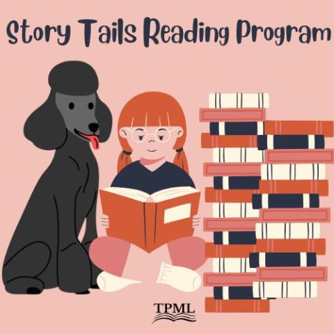 Story Tails Reading Program Text with picture of books, a black poodle and a little girl reading