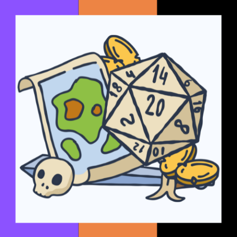 image with map, d20 dice, and doubloons 