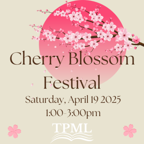 branch with cherry blossoms on a pink background, with text that reads cherry blossom festival and the time and date