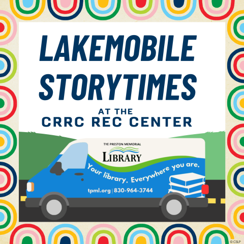 Lakemobile storytimes at the CRRC rec center. photo of bookmobile rolling past hills