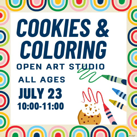 cookies and coloring open art studio, july 23rd 10-11AM crayons and cookie with bite taken out of it