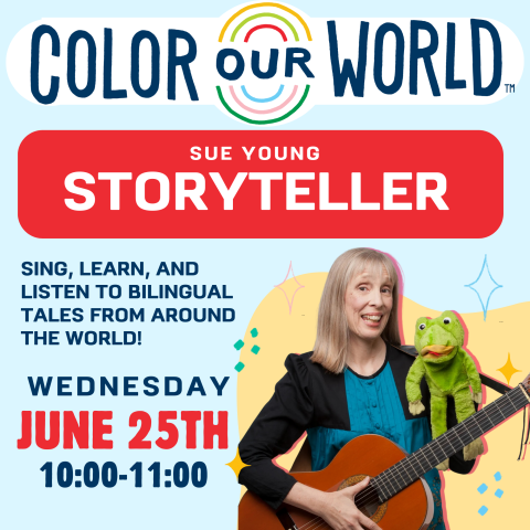 sue young, storyteller. wednesday june 25th 10 to 11 AM. sue holding a guitar and green frog puppet