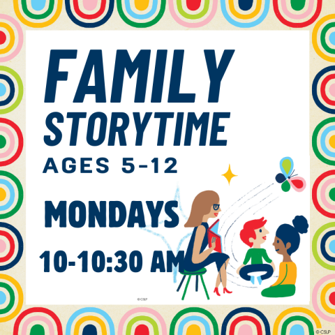 family storytime ages 5-12, 10-10:30 mondays. woman seated reading to children
