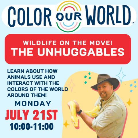 wildlife on the move the unhuggables monday july 21st 10-11. Mr. B holding a large yellow snake
