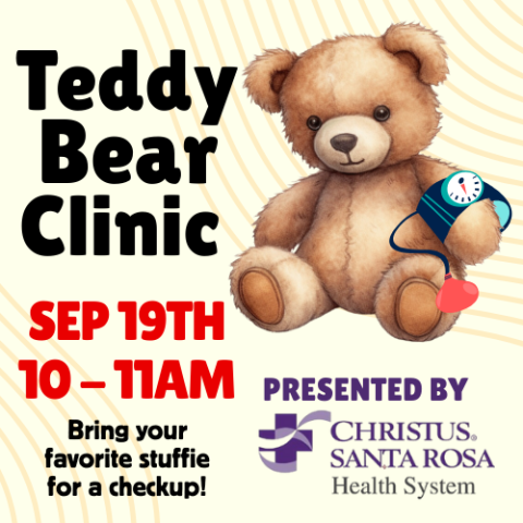 Bring your favorite stuffie or a checkup. Bear with Blood pressure cuff. Presented by Christus Santa Rosa Health System