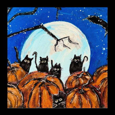 acrylic painting of cats in a pumpkin patch with full moon, barren tree, and bat in background