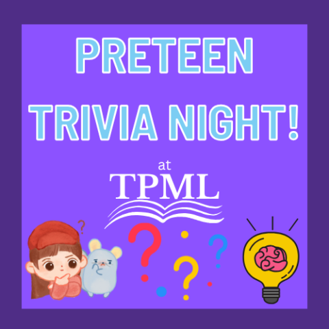 Text that reads preteen trivia night and images of question marks, puzzled children and a lightbulb