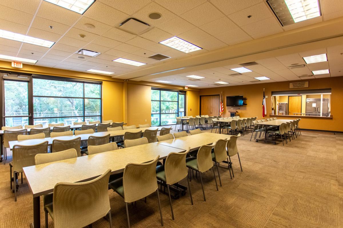 Founders & Preston Room (Combined); features 12 tables arranged in 6 total rows with 72 chairs total; offers wall mounted TV, podium, and direct access to the Community Kitchen (please note: the Community Kitchen is a communal space and not privately bookable for exclusive use)