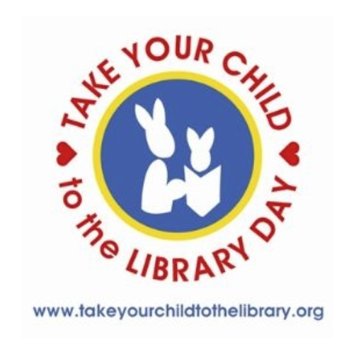 Official take your child to the library day logo with rabbits holding a book