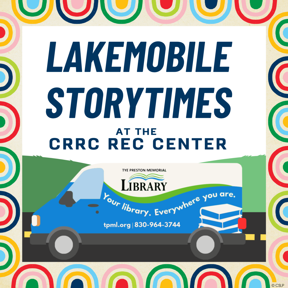 Lakemobile storytimes at the CRRC rec center. photo of bookmobile rolling past hills