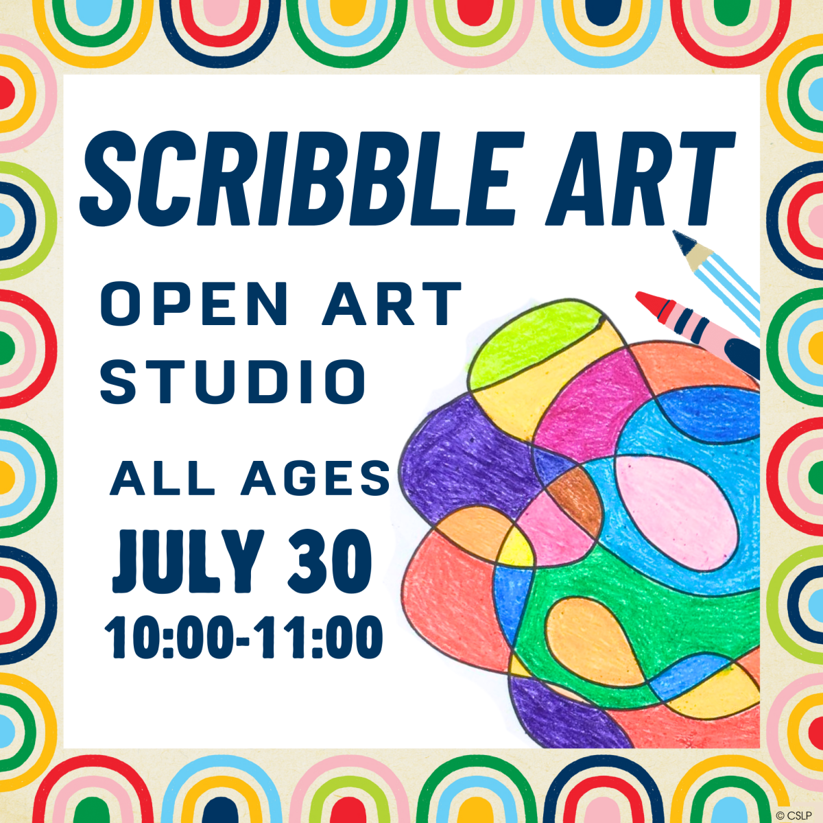 Scribble art open art studio- all ages july 30th 10-11AM