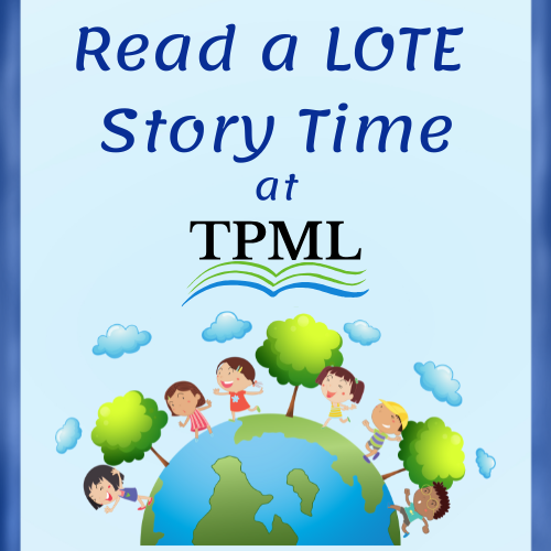 Globe drawing with trees and children. Text that reads Read a LOTE Story time.