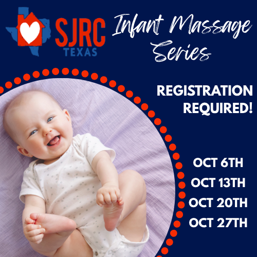 Baby on changing table flyer. SJRC infant massage series. Registration requried