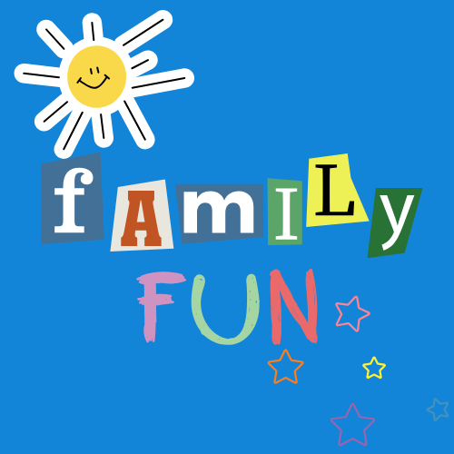 image of sun on a blue background; text reads, "family fun"